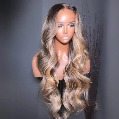 Highlight Blonde With Black Root Colored Wig 13X4 Lace Front Wig Human Hair Transparent Wig Pre Plucked