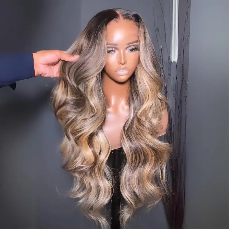 Highlight Blonde mit schwarzer Wurzel farbige Perücke 13 x 4 Lace Front Perücke menschliches Haar transparente Perücke vorgezupft