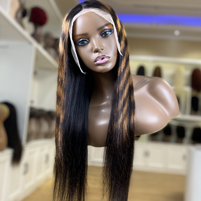 Highlight Zebra Brown Horizontal Stripe Long Straight Hair Glueless 4x4/13x4 HD Lace Front Human Hair Wigs- Geeta Hair