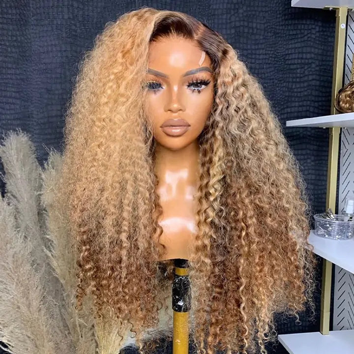 Highlight Curly Lace Front Human Hair Wigs 13x4 Honey Blonde Deep Wave Colored Glueless Wigs