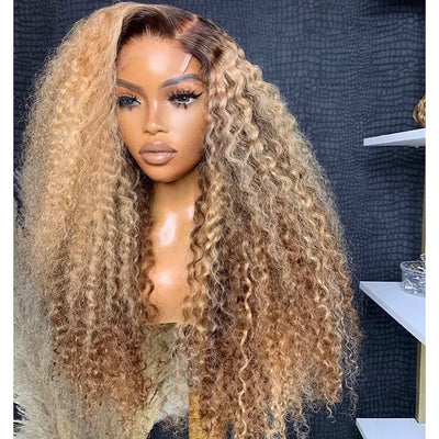 Highlight Curly Lace Front Human Hair Wigs 13x4 Honey Blonde Deep Wave Colored Glueless Wigs