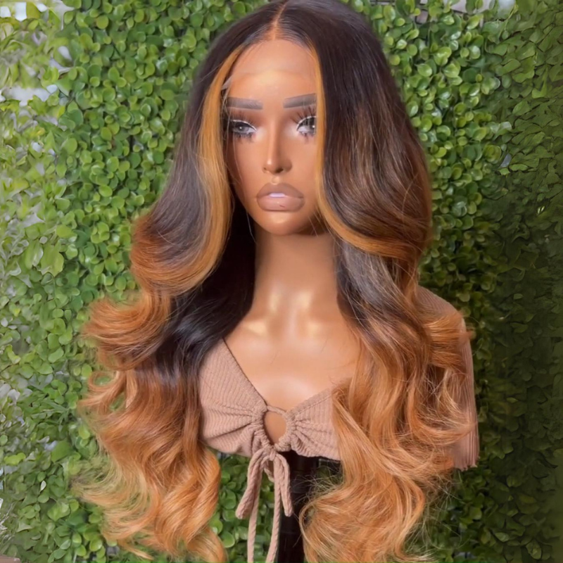 Honey Blonde Balayage Glueless Wigs 13x4 Body Wave Lace Front Human Hair Wigs Ombre Colored Wigs 250% Density