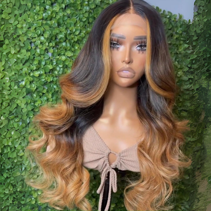 Honey Blonde Balayage Glueless Wigs 13x4 Body Wave Lace Front Human Hair Wigs Ombre Colored Wigs 250% Density