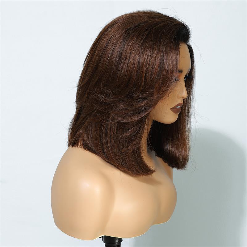 Layer Cut Ombre Brown Colored Wig Short Body Bob Wigs Wear Go Glueless C Part HD Lace Wig
