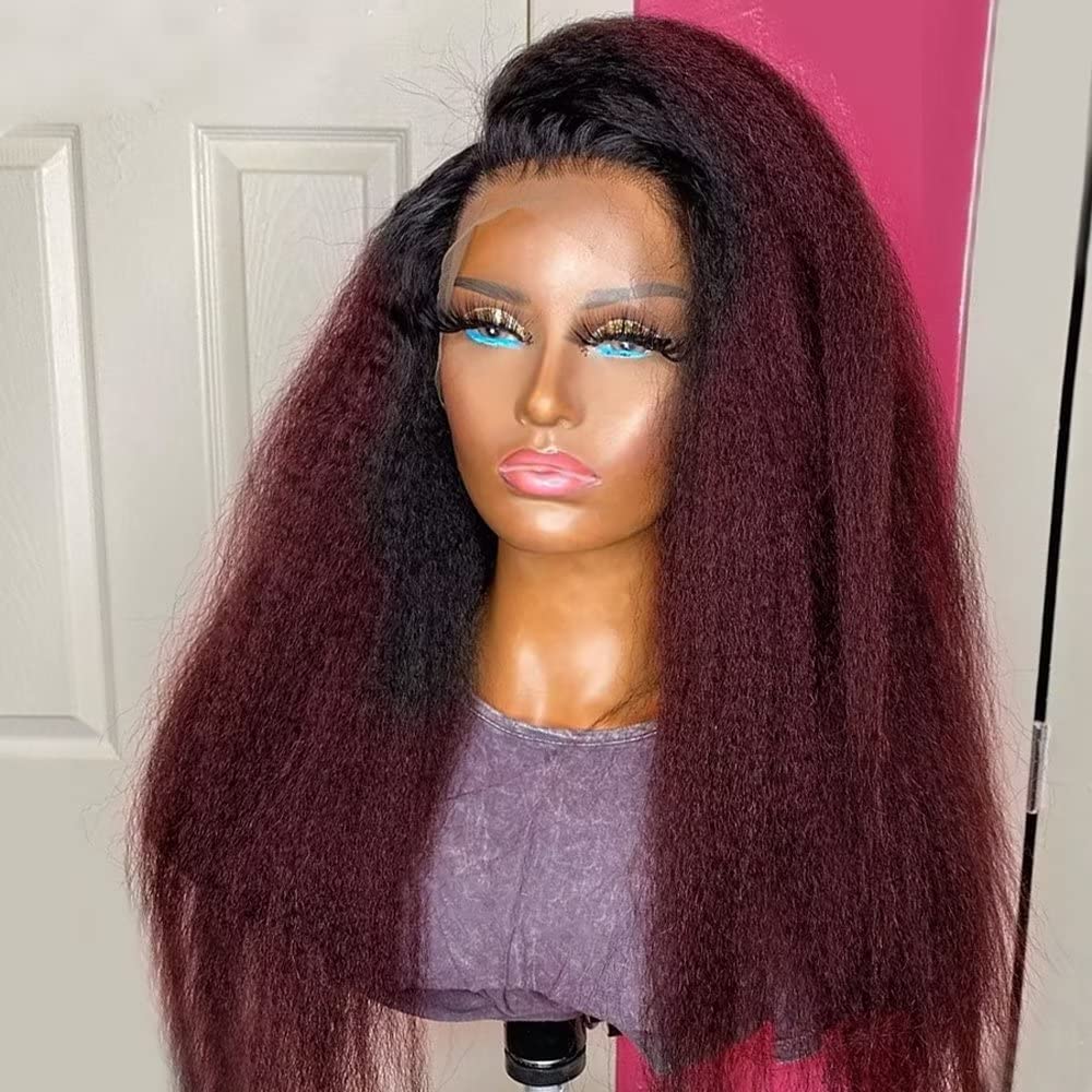 Kinky Straight 1B 99J Burgundy Colored Human Hair For Black Women Yaki Straight Wig HD Transparent Lace Front Wig Pre Plucked