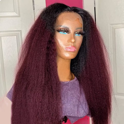 Kinky Straight 1B 99J Burgundy Colored Human Hair For Black Women Yaki Straight Wig HD Transparent Lace Front Wig Pre Plucked