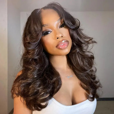 Layered Cut Human Hair Wigs Gluless Body Wave Pre Cut Lace Wigs With Curtain Bangs Long Hair