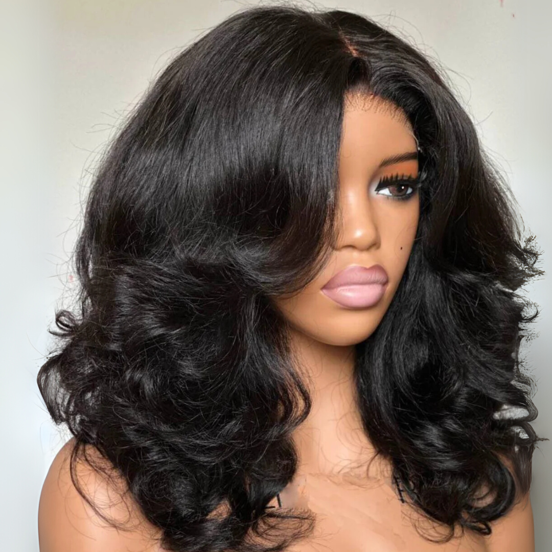 Lazy Girl 300% Density Glueless Wigs Layered Wavy With Curtain Bangs Pre Cut 4x6 Lace Wigs