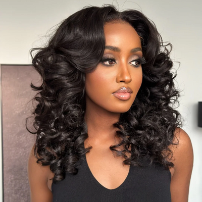 Lazy Girl 300% Density Glueless Wigs Layered Wavy With Curtain Bangs Pre Cut 4x6 Lace Wigs