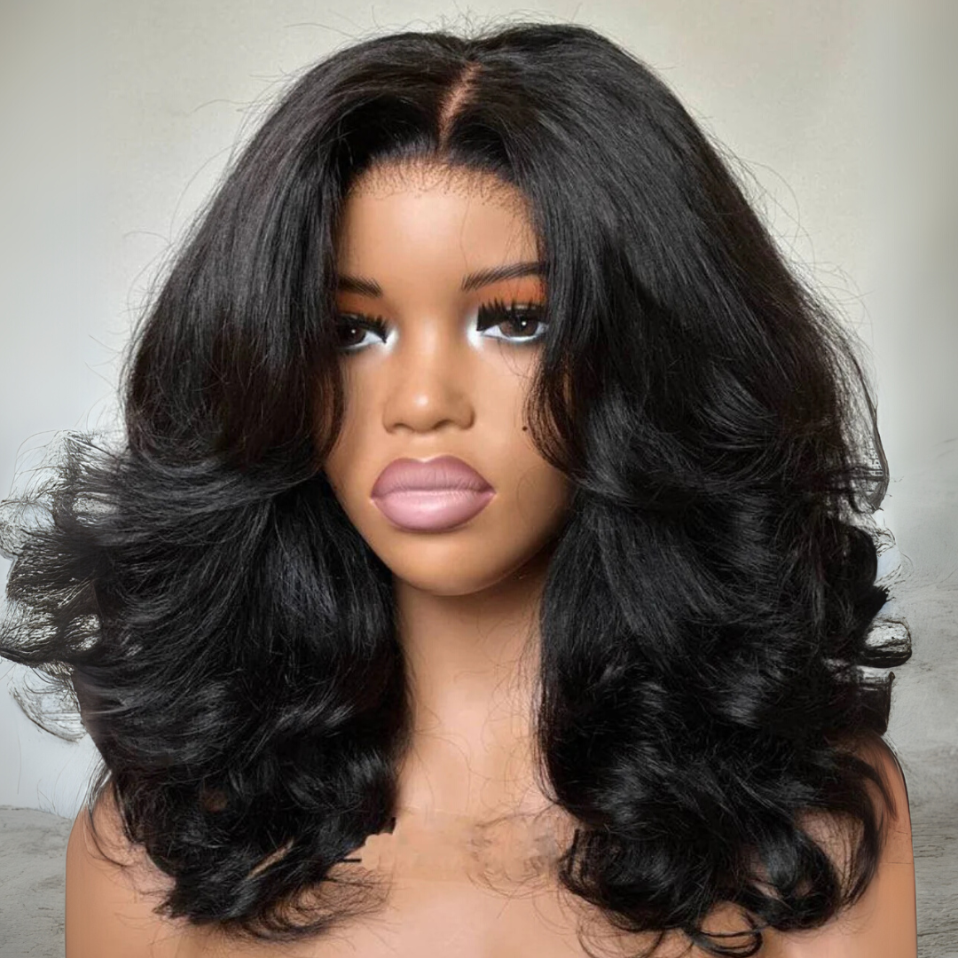 Lazy Girl 300% Density Glueless Wigs Layered Wavy With Curtain Bangs Pre Cut 4x6 Lace Wigs