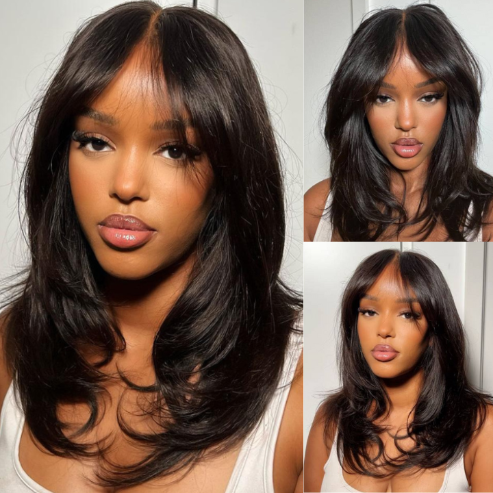 Long Natural Wavy Curtain Bangs Glueless 5x5 HD Lace Closure Wig Easy to Wear Lace Human Hair Bob Wigs-GeetaHair