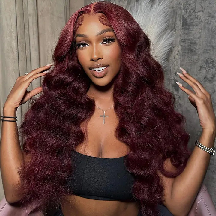 Body Wave 99J Lace Front Wig 13x4 Burgundy Colored Glueless Wigs Pre P ...