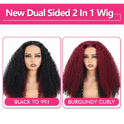 New Dual Sided 2 In 1 Wig Resilient Curly Natural Color &  99J Burgundy Glueless Wig Flip & Go Fast Transformation Human Hair Wigs