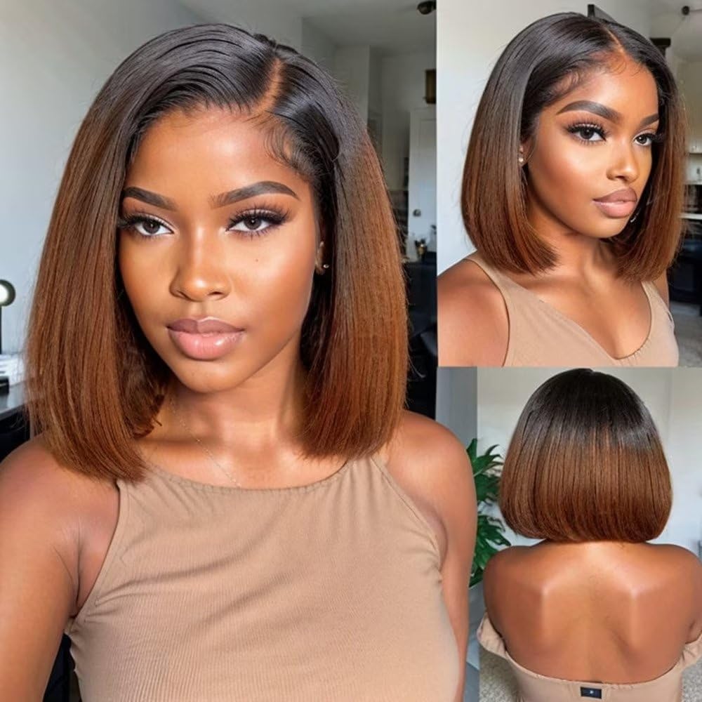 Ombre 1B/30 Glueless Wig Brown Short Bob Straight 13x4 HD Lace Front Wig Colored Glueless Human Hair Wigs