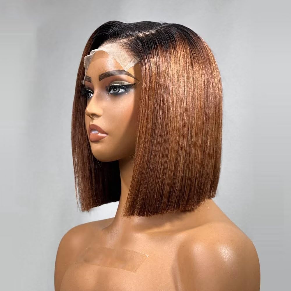 Ombre 1B/30 Glueless Wig Brown Short Bob Straight 13x4 HD Lace Front Wig Colored Glueless Human Hair Wigs No Code Needed