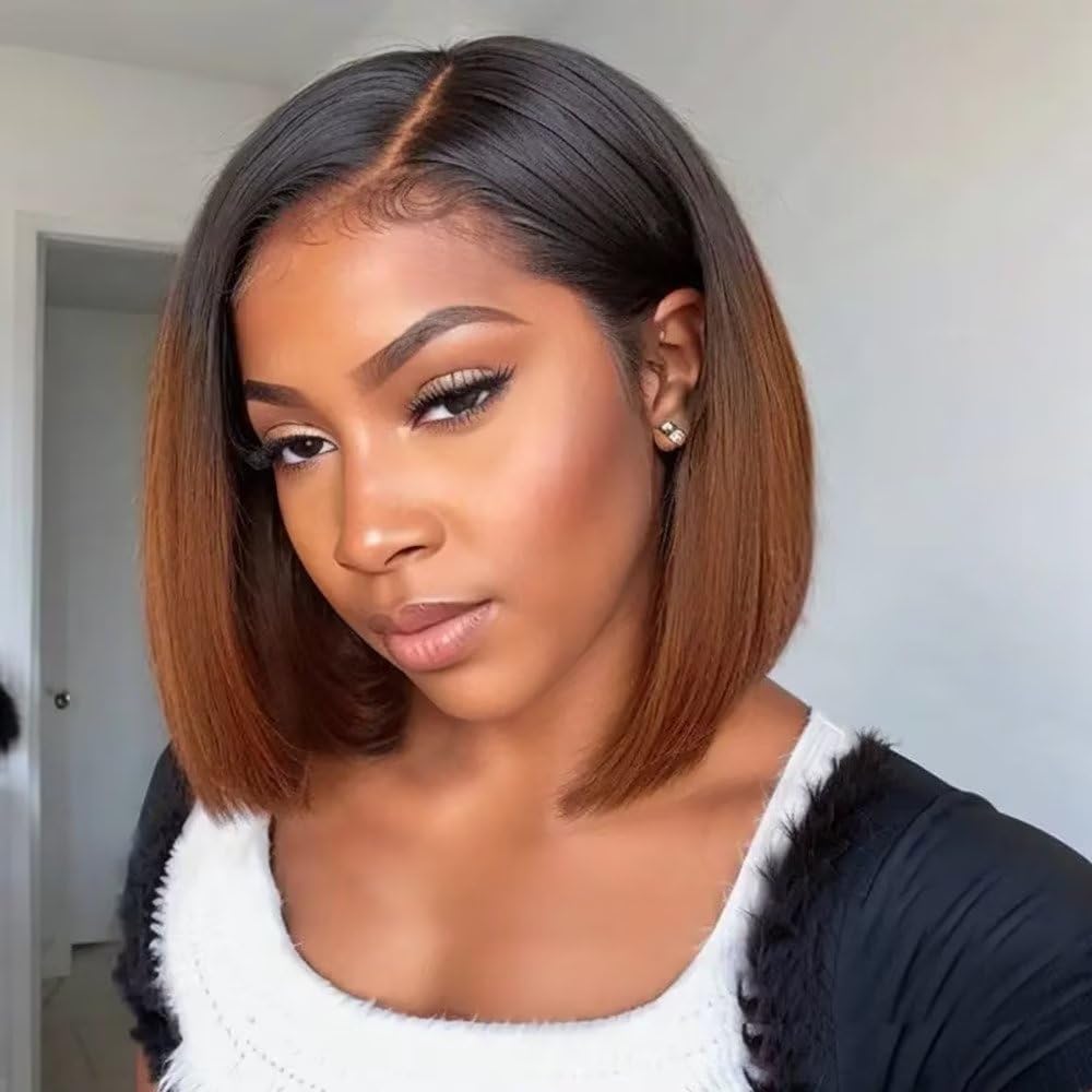 Ombre 1B/30 Glueless Wig Brown Short Bob Straight 13x4 HD Lace Front Wig Colored Glueless Human Hair Wigs No Code Needed