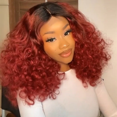 Ombre 1B/Red Lace Front Wigs Human Hair Bouncy Curly Wave Lace Front Wig Pre Plucked 180% Density Glueless Lace Front Curly Human Hair Wigs