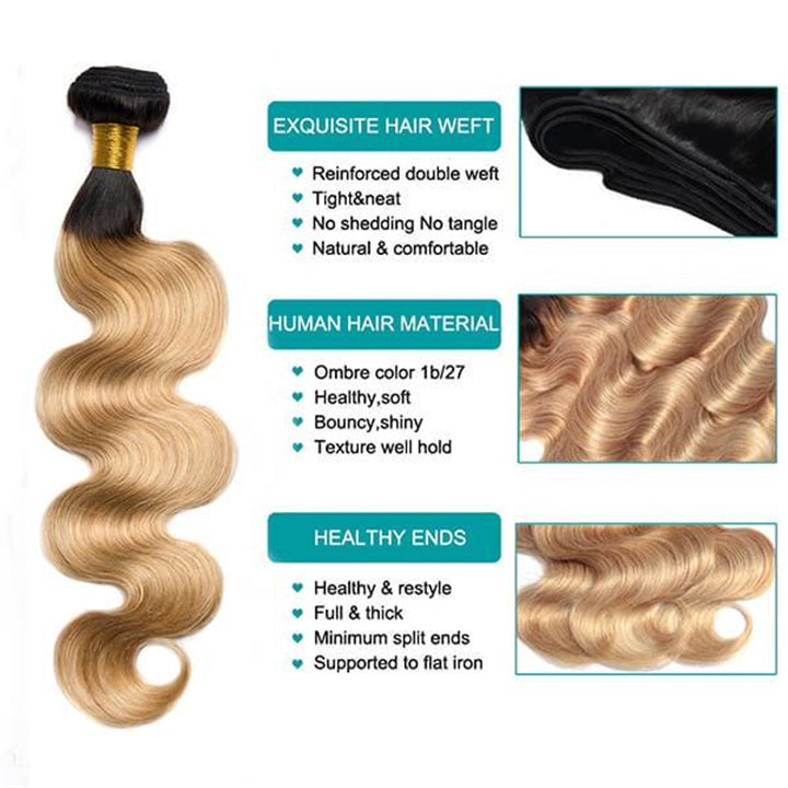 GeetaHair Ombre Blonde Straight/Body Wave 3 Bundles With 4x4 Lace Closure Unprocessed 100% Real Human Hair Extensions