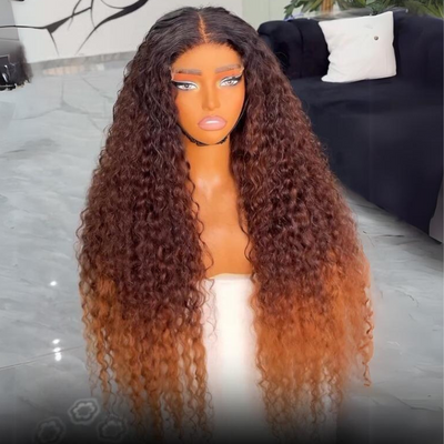 Ombre Brown Curly Lace Front Wigs Human Hair Pre Plucked Deep Curly Wave 13x4 HD Lace Frontal Wigs