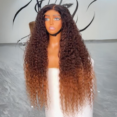 Ombre Brown Curly Lace Front Wigs Human Hair Pre Plucked Deep Curly Wave 13x4 HD Lace Frontal Wigs