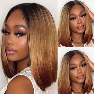 Ombre Brown Straight Short HD Lace Front Bob Wig Colored Glueless Human Hair Wigs