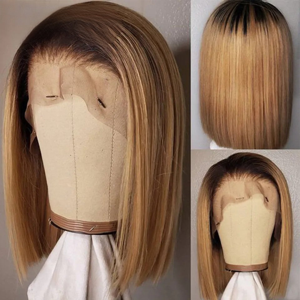 Ombre Brown Straight Short HD Lace Front Bob Wig Colored Glueless Human Hair Wigs