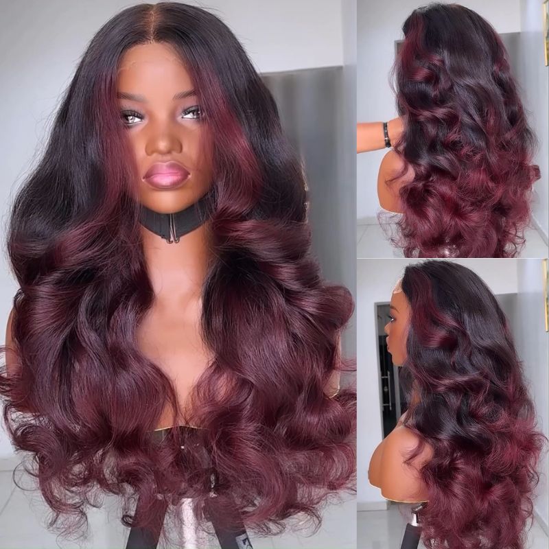 Ombre Burgundy Lace Front Wig Body Wave 13x4 99J Colored Glueless Wigs ...