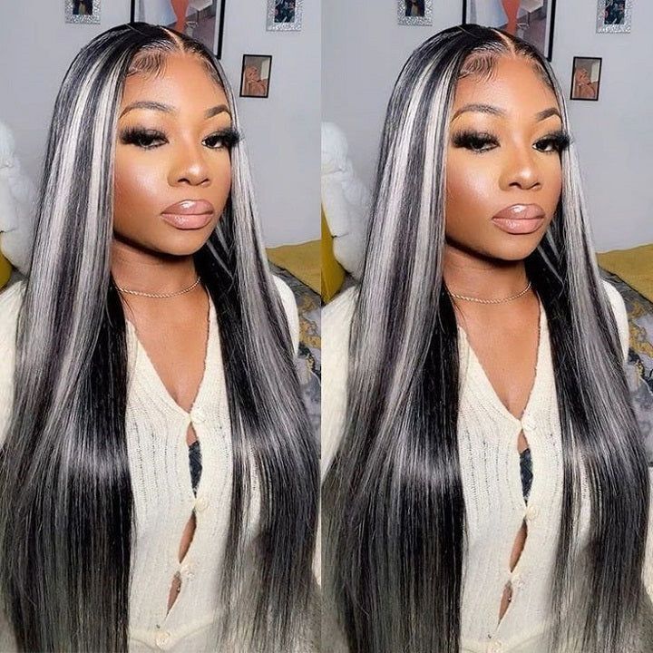 Platinum Gray Highlight 13x4 HD Lace Wig Straight Hair Black With Blond Highlights Lace Front Wig Plucked Natural Hairline With Baby Hair-Geeta Hair