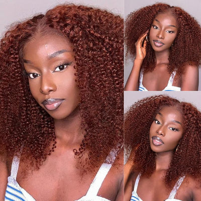 Pre Bleached Reddish Brown Afro Kinky Curly Lace Front Wigs Pre Blucked Glueless Wig 180% Density