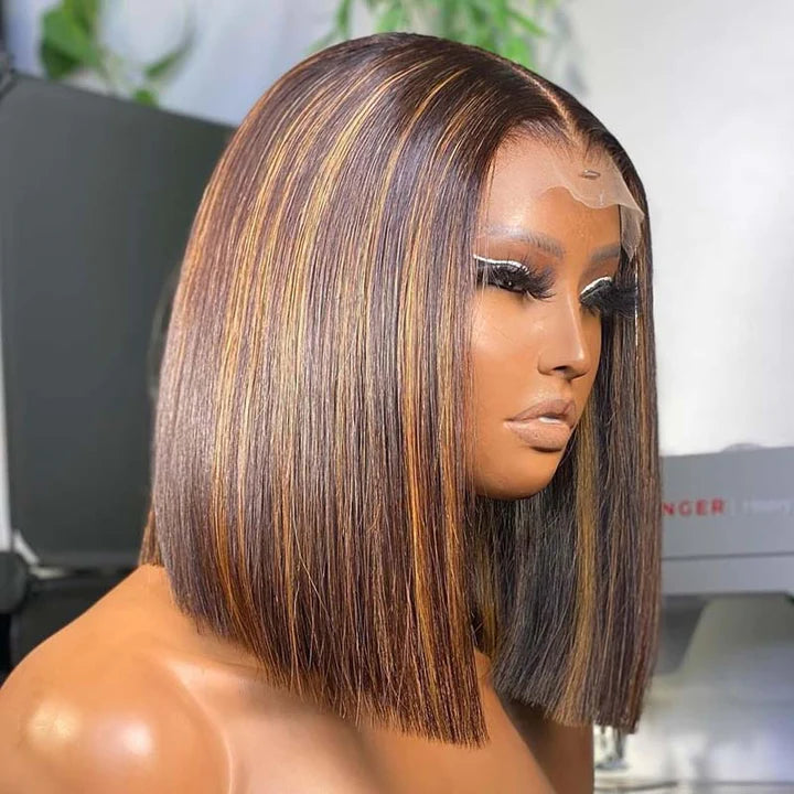 Pre Bleached Highlight Bob Wig Human Hair Straight 13x4 Lace Frontal Wig 180% Density Pre Plucked
