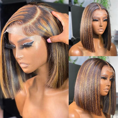 Pre Bleached Highlight Bob Wig Human Hair Straight 13x4 Lace Frontal Wig 180% Density Pre Plucked