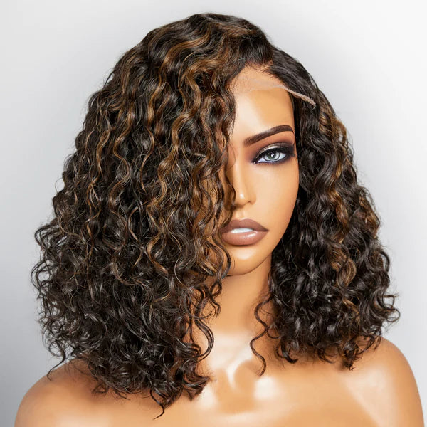 Pre Bleached Knots Highlight Curly Bob Wig Human Hair Pre Plucked C Shape Lace Wig 180% Density
