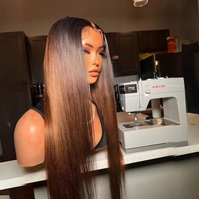 Pre Bleached Knots Wear and Go Straight Wigs 13x4 HD Lace Front Wig Human Hair Ombre Colored Wig 180% Density