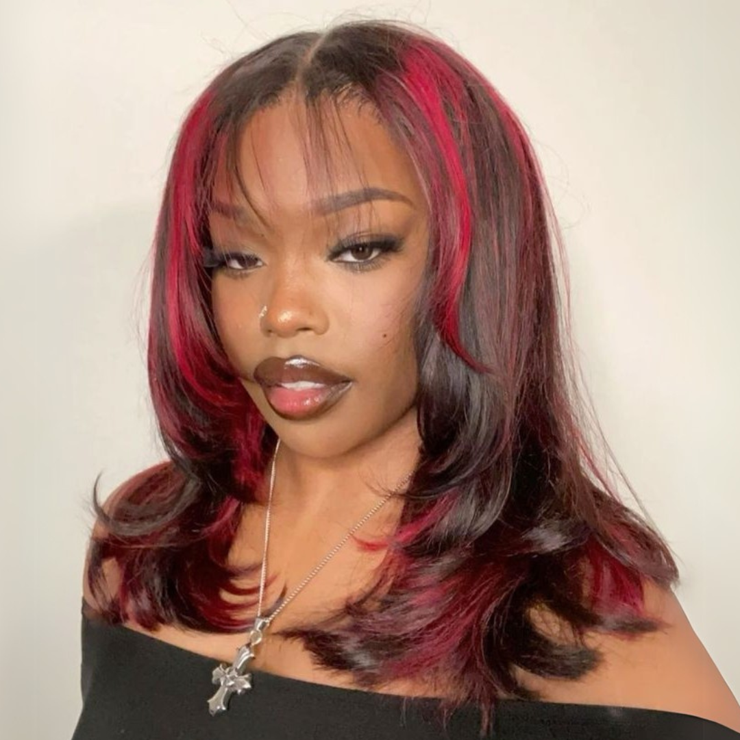 Black With Red Highlights Bob Wigs Colored Natural Wave Pre Layered Cut Bob Wigs No Code Needed