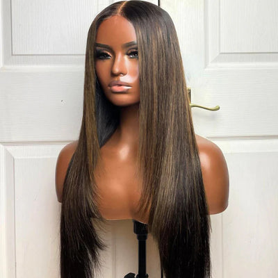Put On&Go Light Brown With Blonde Straight Glueless 5x5 HD Lace Wig With bangs Highlight Colored Easy to Wear Human Hair Wigs-Geeta Hair