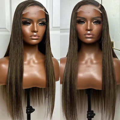Put On&Go Light Brown With Blonde Straight Glueless 5x5 HD Lace Wig With bangs Highlight Colored Easy to Wear Human Hair Wigs-Geeta Hair