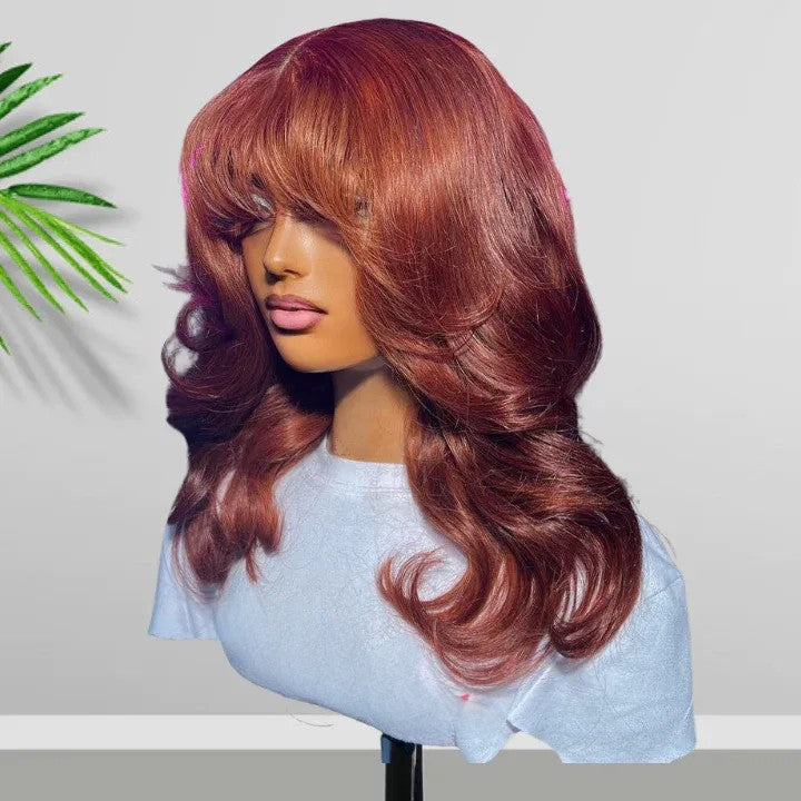 Body Wave Copper 13x4 Lace Front Bombshell Curls Light Layers Wispy Curtain Bangs Human Hair Bob Wigs-Geeta Hair
