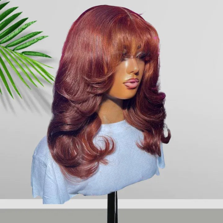 Body Wave Copper 13x4 Lace Front Bombshell Curls Light Layers Wispy Curtain Bangs Human Hair Bob Wigs-Geeta Hair
