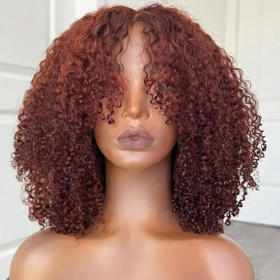Curtain Bangs Glueless Wig Reddish Brown Human Hair Wig Copper Red Afro Kinky Curly Wig