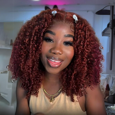 Reddish Brown Kinky Curly 13x4 HD Transparent Lace Front Wig Human Hair Bob Wigs-Geetahair