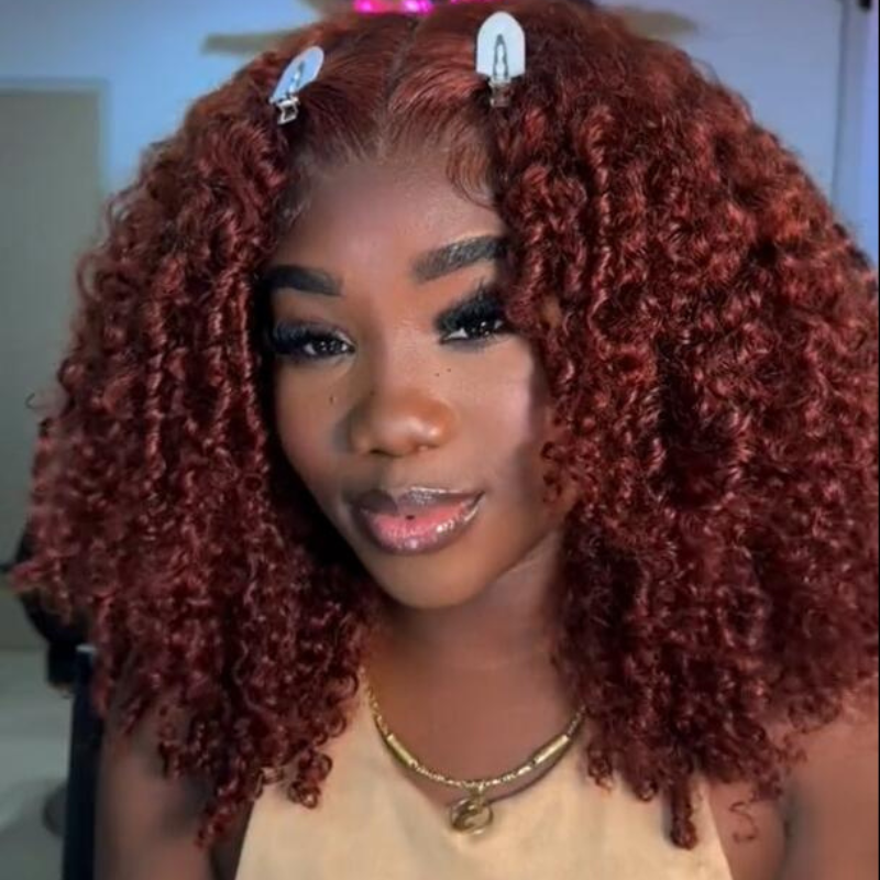 Reddish Brown Kinky Curly 13x4 HD Transparent Lace Front Wig Human Hair Bob Wigs-Geetahair