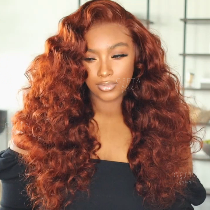 Reddish Brown Loose Deep Wave Undetectable HD Lace Front Wig Dark Auburn Pre Plucked Human Hair Wigs-Geeta Hair