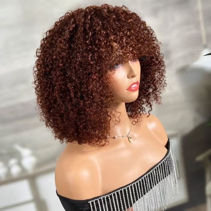 Reddish Brown Curly Bob Wig with Bangs Human Hair Short Human Hair Wigs for Black Women 180% Density - Geeta Hair