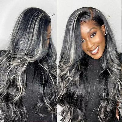 Glueless Platinum Gray Highlight Silky Straight Human Hair Wigs-Geeta Hair