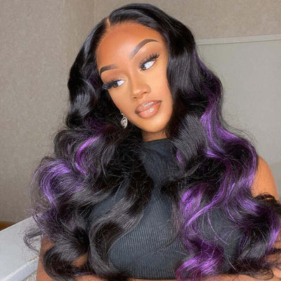 Skunk Stripe Hair Body Wave Lace Front Wig With Dark Purple Highlight HD Transparent Lace Human Hair Wigs