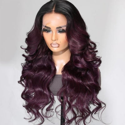 Funky Colored Wigs | Smokey Deep Purple 13x4 Lace Front Body Wave Wig With Black Roots Ombre Colored  HD Lace Human Hair Wigs-Geeta Hair