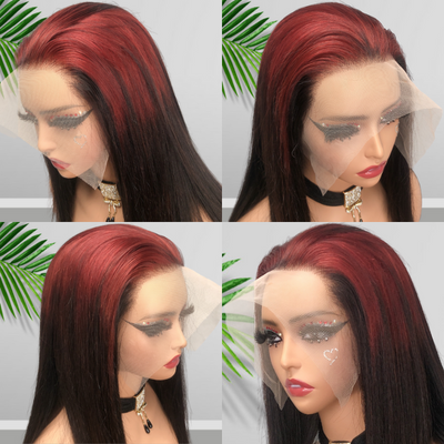 Sparkle burgundy Roots Long Straight 13x4/4x4 Lace Front Wig Ombre 99J Colored Bone Straight Human Hair Wigs-Geeta Hair