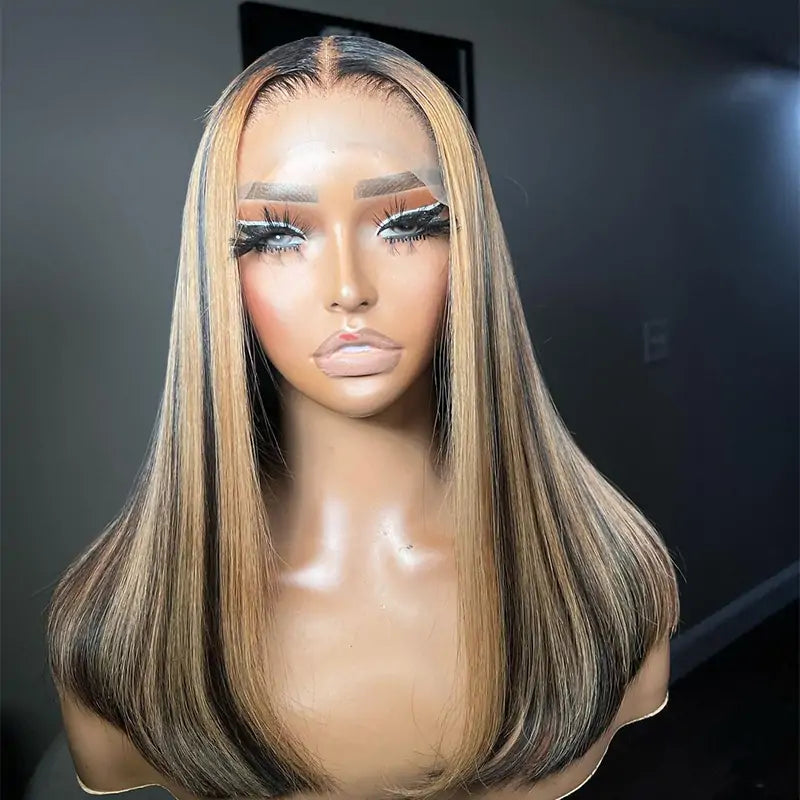 Straight Bob Wig Human Hair Highlight Balayage HD Lace Front Wigs Human Hair Pre Plucked