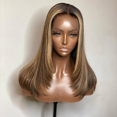 Pre Bleached Knots Straight Layered Cut 13x4 Lace Front Wig Ombre Highlight Straight Wig 180% Density