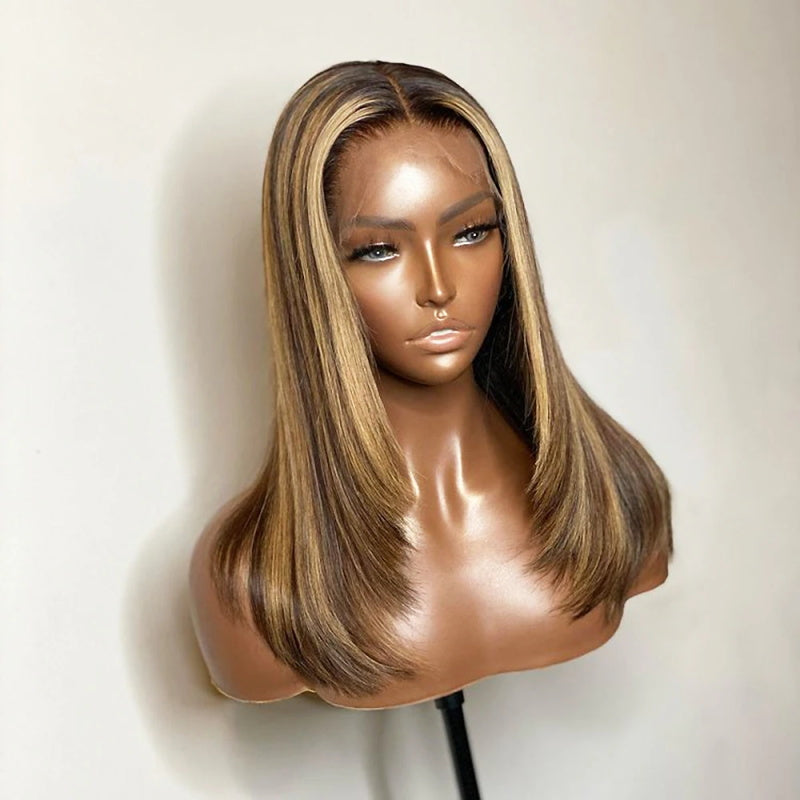 Pre Bleached Knots Straight Layered Cut 13x4 Lace Front Wig Ombre Highlight Straight Wig 180% Density
